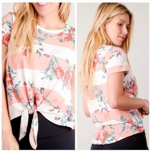 7th Ray Pink & White Striped Floral Tie Front Top